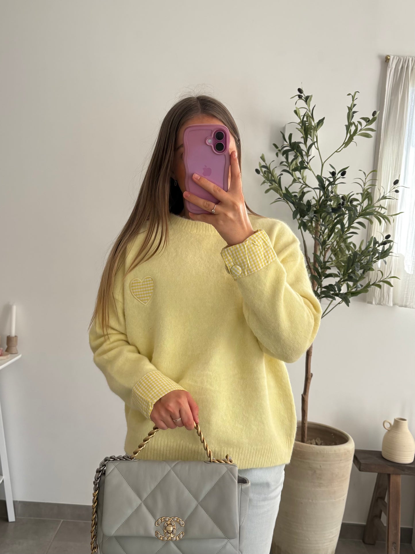 Pull motif cœur vichy - JOY jaune