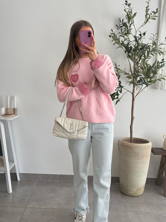 Pull motif cœur vichy - JOY rose