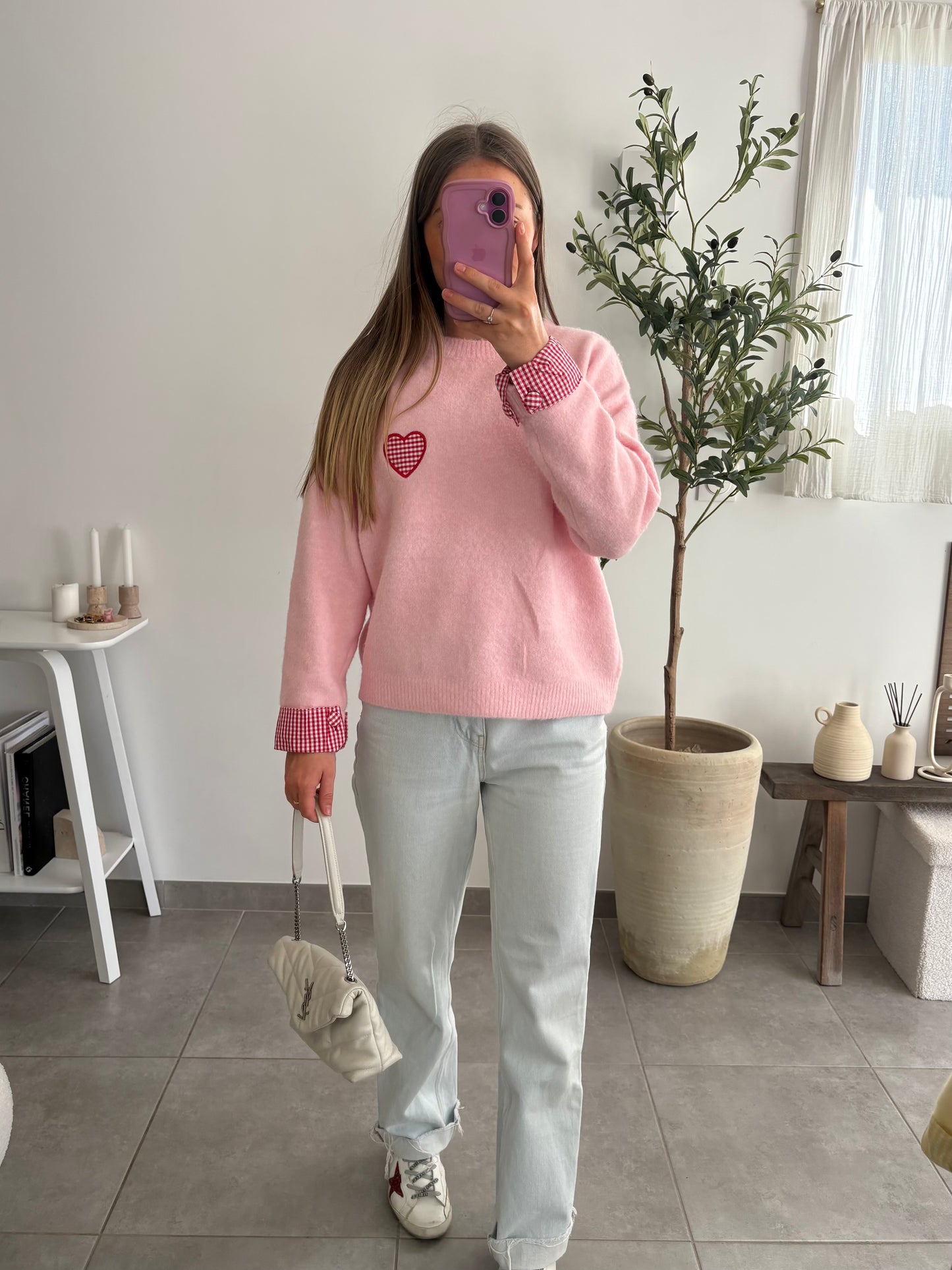 Pull motif cœur vichy - JOY rose